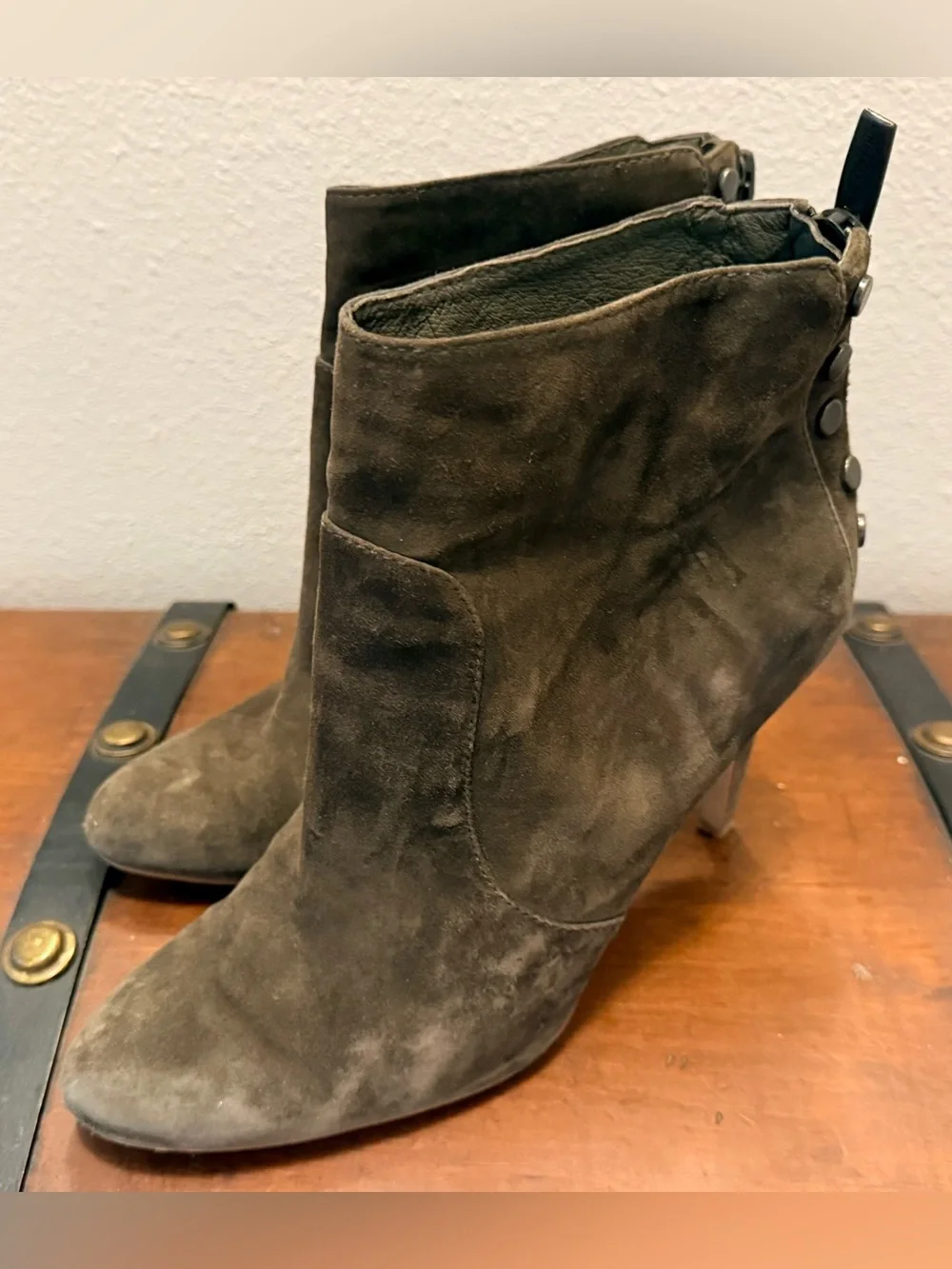Vince Camuto Dark Khaki Suede Ankle Booties with Button Back Detail